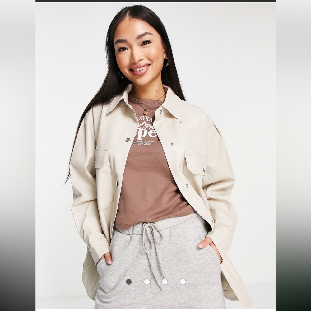 NEW ASOS Urban Bliss Vegan Leather Cream Oversized Button Up Shacket, Size 8